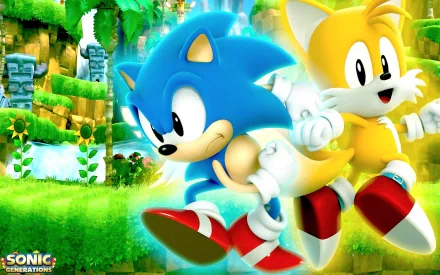 Classic Sonic and Tails dash through a vibrant, green landscape in this HD desktop wallpaper from Sonic Generations, celebrating the beloved video game characters.