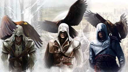 HD PC desktop wallpaper featuring three hooded characters from the video game Assassin's Creed with large birds soaring overhead in a misty, atmospheric setting.
