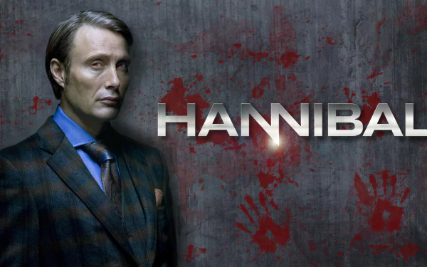HD PC desktop wallpaper featuring a character from the TV show Hannibal against a dark background with red handprints and the show's title.