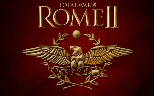 Total War: Rome II HD PC desktop wallpaper/background featuring a gold Roman eagle and SPQR emblem on a textured crimson field, promotional video game artwork.