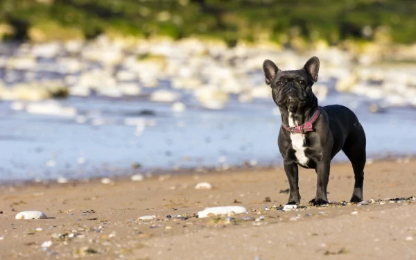 A French bulldog stands on a sandy beach near the water, with a backdrop of pebbles and greenery, creating a vibrant HD desktop wallpaper.
