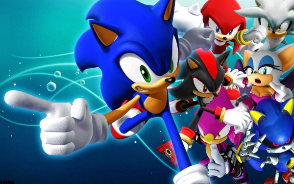 HD PC desktop wallpaper featuring Sonic the Hedgehog and other characters from the video game series in dynamic action poses against a vibrant blue background.