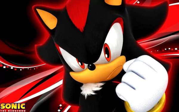 A dynamic HD wallpaper featuring Shadow the Hedgehog from the video game Sonic & Sega All-Stars Racing, showcasing his intense expression against a vibrant red backdrop.