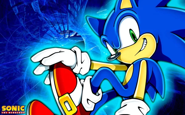 Vibrant HD wallpaper featuring Sonic the Hedgehog from the video game Sonic Adventure, showcasing his dynamic pose against a striking blue background.