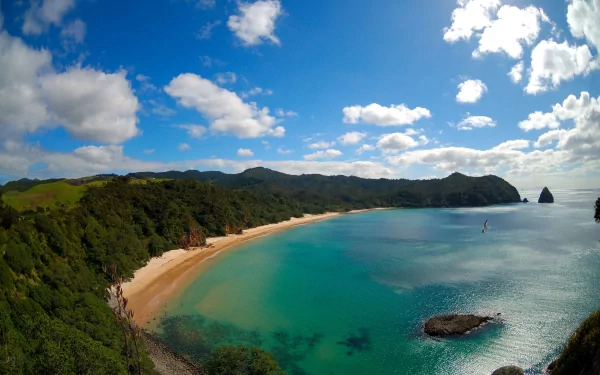 4K Ultra HD desktop wallpaper featuring a vibrant coastline with lush greenery, golden sandy beach, and clear turquoise waters under a bright blue sky with scattered clouds.