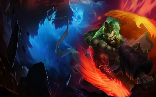 HD PC desktop wallpaper featuring Udyr from League of Legends, showcasing his fiery and icy spirit powers in dynamic and vivid detail.