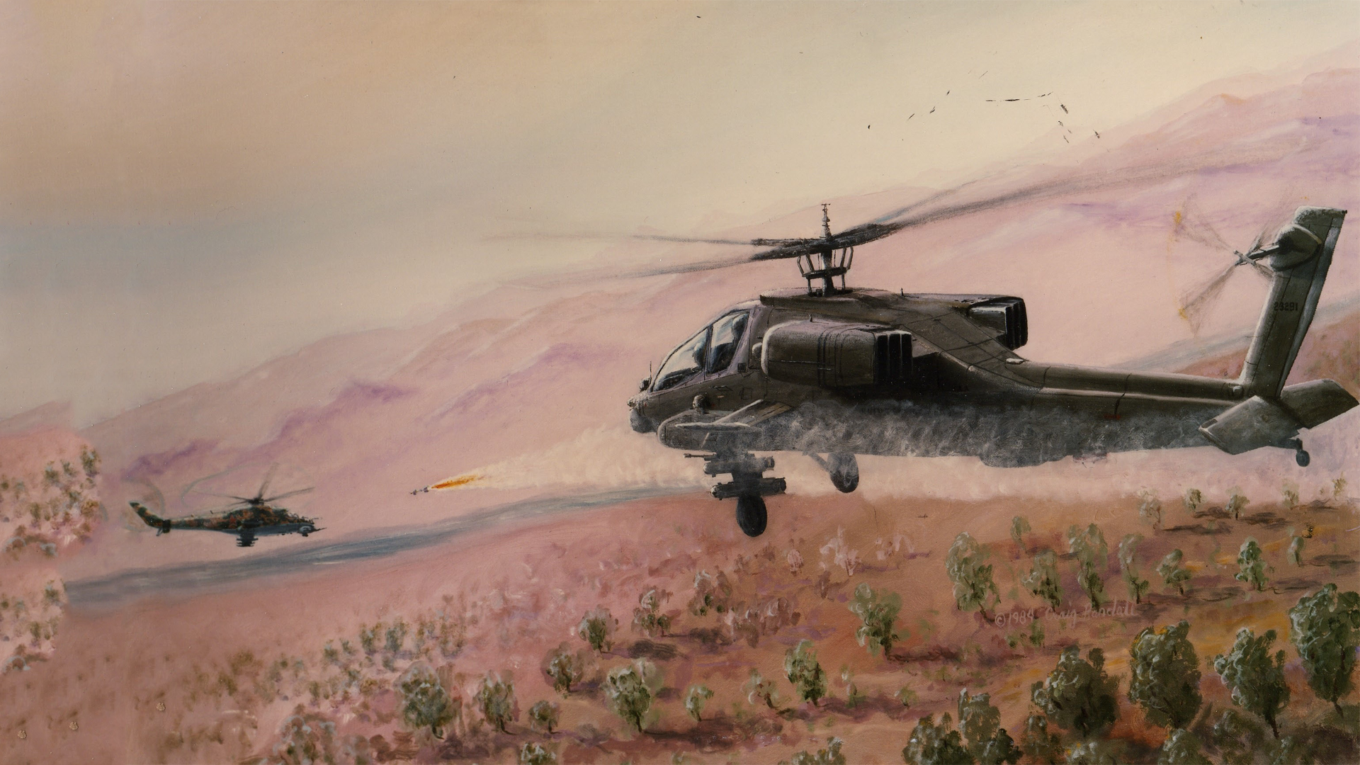 A high-definition desktop wallpaper featuring military helicopters in action, set against a mountainous landscape, showcasing dynamic movement and precision aerial maneuvering.