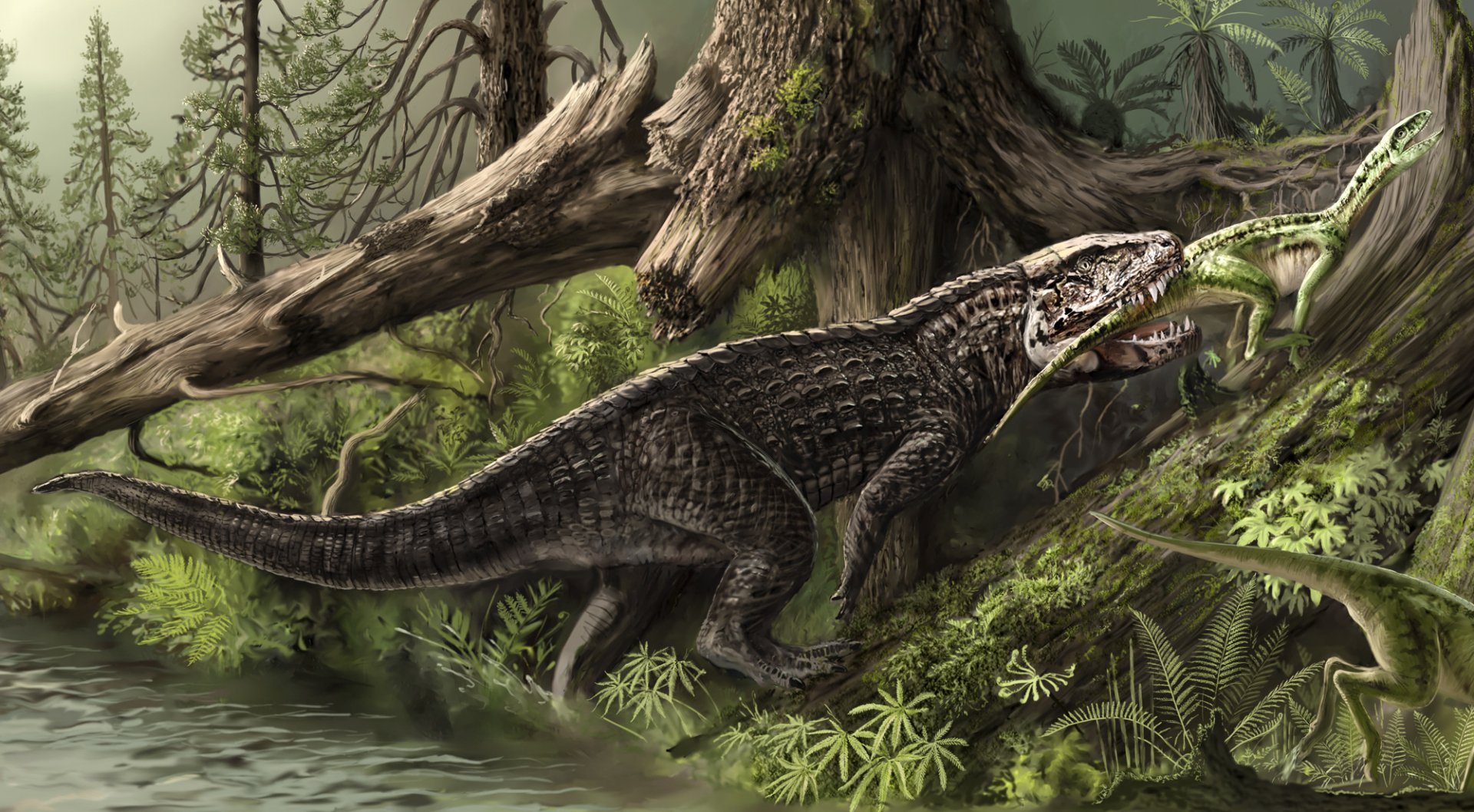 HD PC desktop wallpaper depicting a detailed, prehistoric dinosaur in a dense, lush forest near a water source.