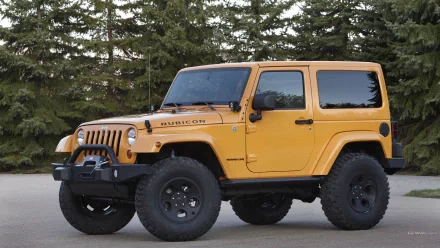 HD PC desktop wallpaper of a yellow Jeep Wrangler Rubicon vehicle parked on pavement before pine trees, shown in a three-quarter profile view.