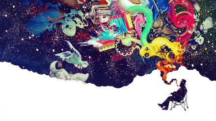 HD desktop wallpaper depicting a vibrant, dream-inspired collage with an astronaut, vivid colors, and whimsical elements.