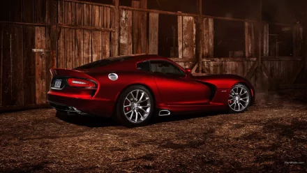 HD desktop wallpaper featuring a sleek red Dodge Viper sports car parked in a rustic, dimly lit setting.