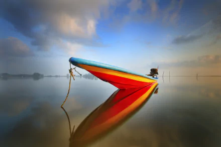 HD desktop wallpaper of a brightly colored boat moored on calm water under a serene sky, reflecting vividly in the still surface.
