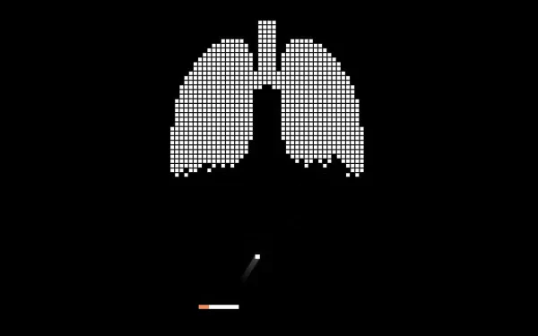 HD desktop wallpaper featuring a stylized graphic of lungs with a burning cigarette below on a black background.
