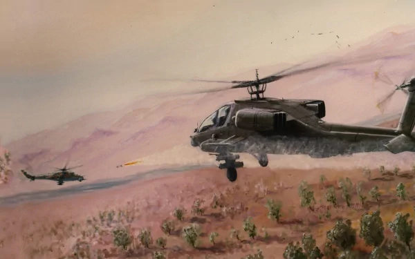A high-definition desktop wallpaper featuring military helicopters in action, set against a mountainous landscape, showcasing dynamic movement and precision aerial maneuvering.