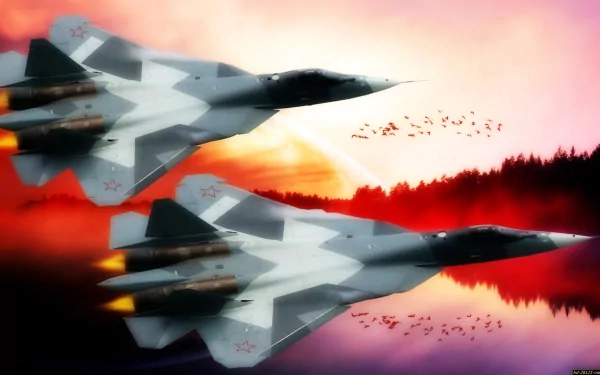 Two Sukhoi Su-57 military jet fighters soar against a vibrant sunset sky, captured in an HD desktop wallpaper showcasing advanced aircraft in flight.