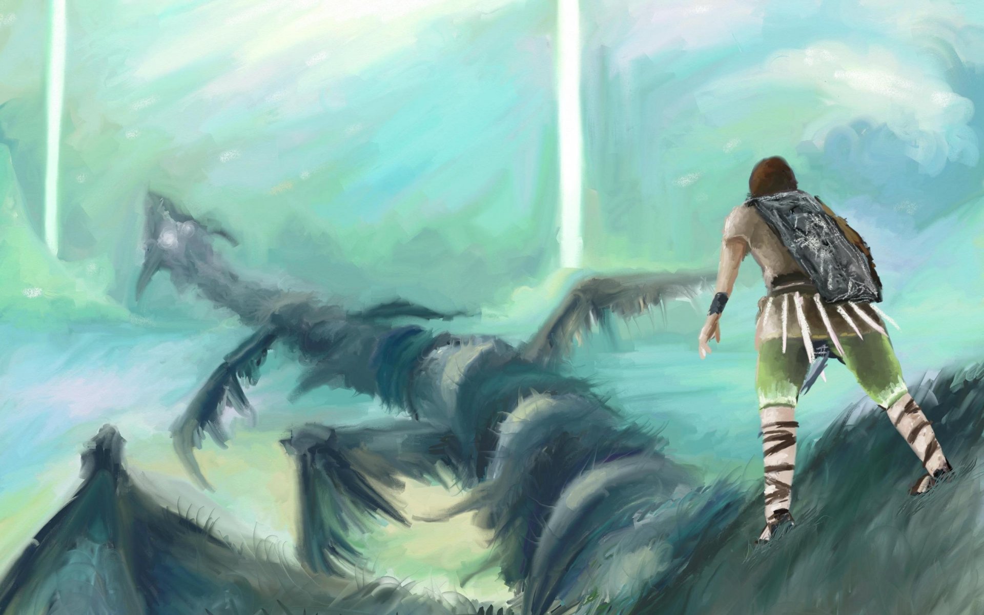 2K Quad HD PC Desktop Wallpaper and Background — Shadow of the Colossus: lone warrior on a cliff faces a vast, shadowy winged colossus beneath pale shafts of light.