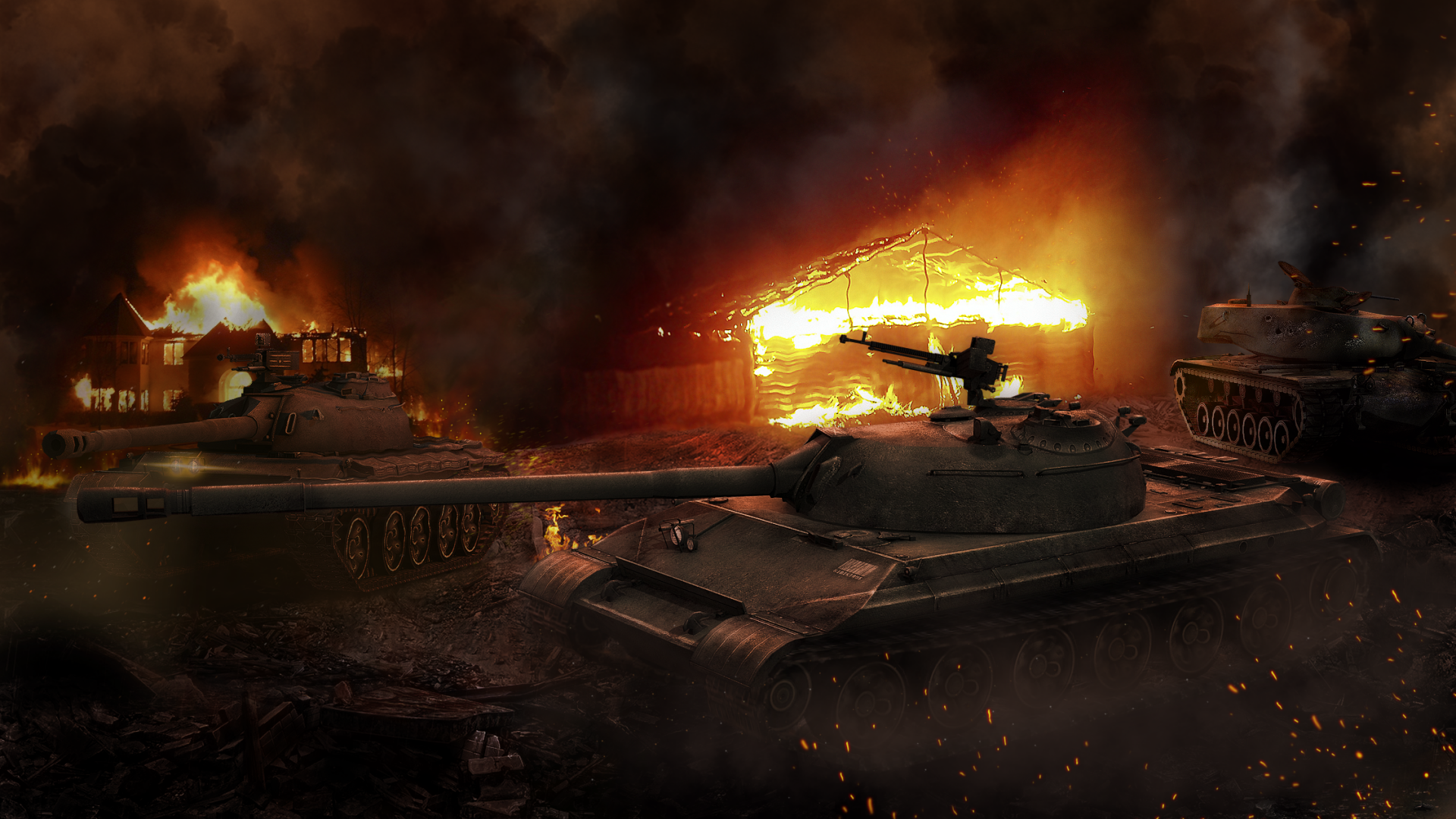A dramatic HD wallpaper featuring tanks amidst a fiery battlefield, capturing the intense action and atmosphere of the video game World of Tanks.
