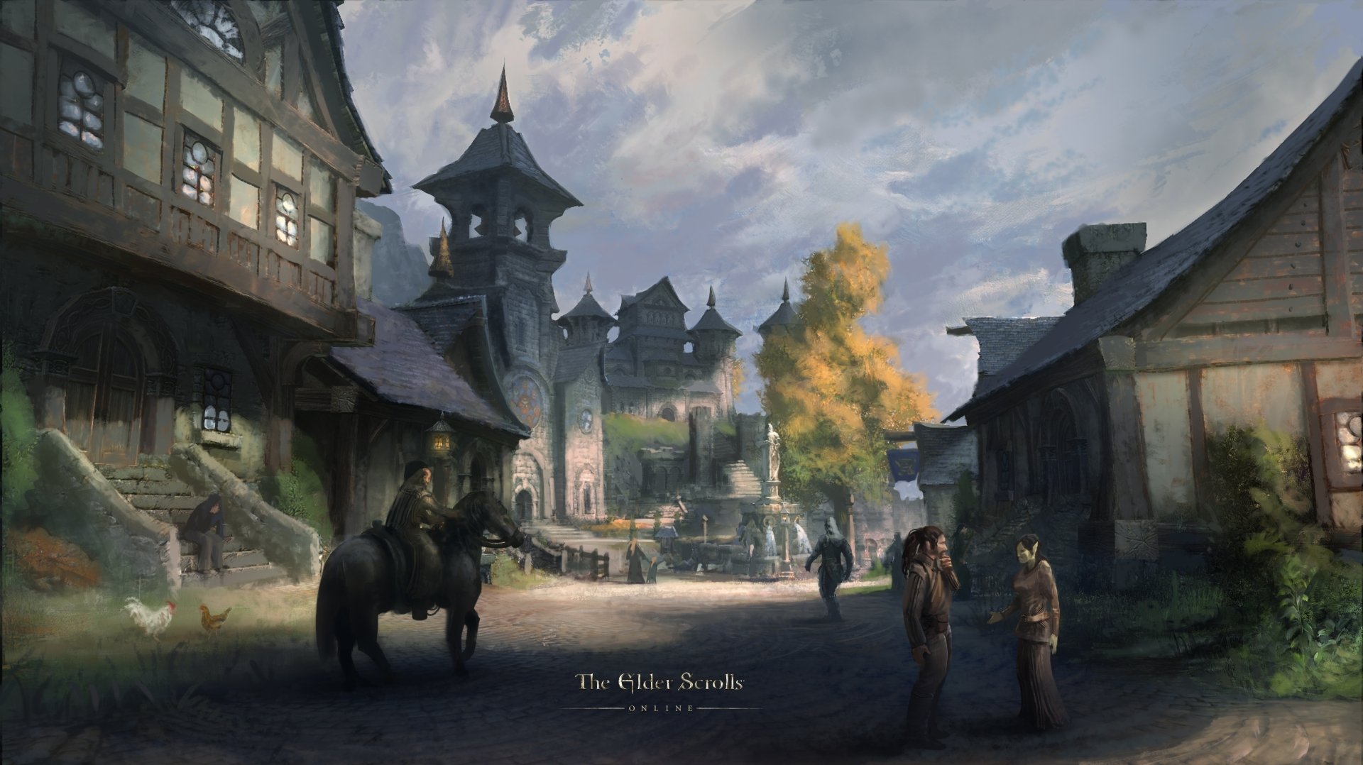 Video game — The Elder Scrolls Online HD PC wallpaper: sunlit medieval town with stone towers, cobbled street, townsfolk and a mounted rider beneath a cloudy sky.