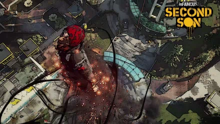 HD PC desktop wallpaper featuring a dynamic aerial view of the protagonist from the video game inFAMOUS: Second Son amidst an urban environment with sparks and dark tendrils.