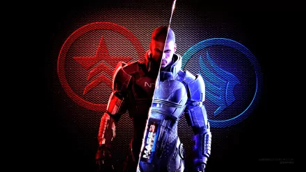 HD wallpaper featuring Commander Shepard from Mass Effect, split between vibrant blue and red backgrounds, embodying the game's iconic choices and visual style.