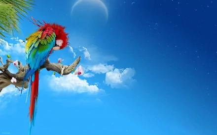 HD desktop wallpaper featuring a vibrant Red-and-green Macaw perched on a branch against a clear blue sky background.