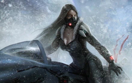 A fantasy-themed HD wallpaper featuring a woman in a futuristic outfit, battling against a snowy backdrop, exuding strength and resilience.