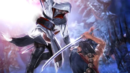 HD PC wallpaper featuring Mitsurugi Heishirō from SoulCalibur V and Ezio from Assassin's Creed in a dynamic video game battle scene.