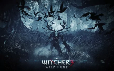HD desktop wallpaper featuring a dramatic scene from The Witcher 3: Wild Hunt, with Geralt of Rivia confronting a mythical creature in a dark, eerie forest.