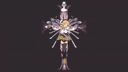HD PC wallpaper: anime character Mami Tomoe (Puella Magi Madoka Magica) stands center with crossed arms, muskets fanned like wings and Kyuubey floating above on a dark background.