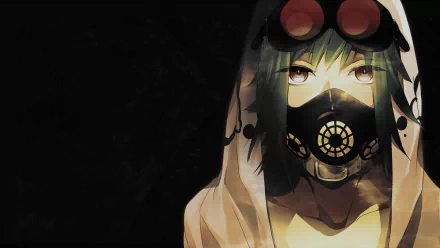 HD desktop wallpaper featuring GUMI from Vocaloid, in a hood with a futuristic gas mask, set against a dark background.
