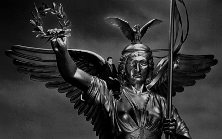 HD desktop wallpaper featuring a dramatic black-and-white image inspired by Wings of Desire with an angelic statue and a person in the background.