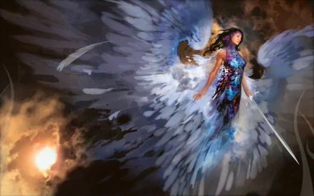 A stunning HD desktop wallpaper featuring an angelic figure with majestic wings, set against a dramatic sky, inspired by the fantasy world of Magic: The Gathering.