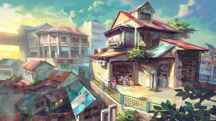 Anime-style illustration of a vibrant cityscape with traditional buildings, shops, and lush foliage, designed as a lo-fi HD desktop wallpaper.
