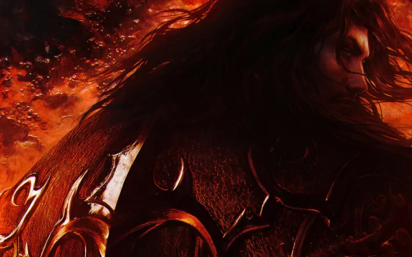 HD PC desktop wallpaper from the video game Castlevania: Lords of Shadow 2, featuring a dark, fiery character with intense red and black tones.