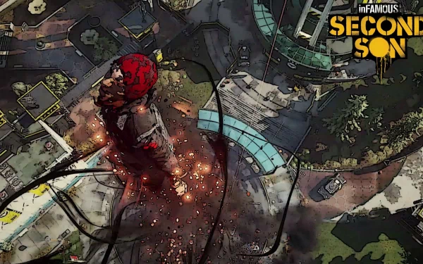 HD PC desktop wallpaper featuring a dynamic aerial view of the protagonist from the video game inFAMOUS: Second Son amidst an urban environment with sparks and dark tendrils.