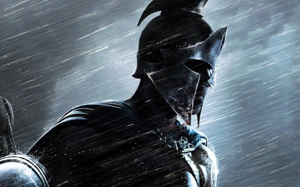 A Spartan warrior stands defiantly in the rain, captured in a dramatic moment from 300: Rise of an Empire. This HD image serves as an impressive desktop wallpaper.
