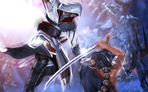HD PC wallpaper featuring Mitsurugi Heishirō from SoulCalibur V and Ezio from Assassin's Creed in a dynamic video game battle scene.