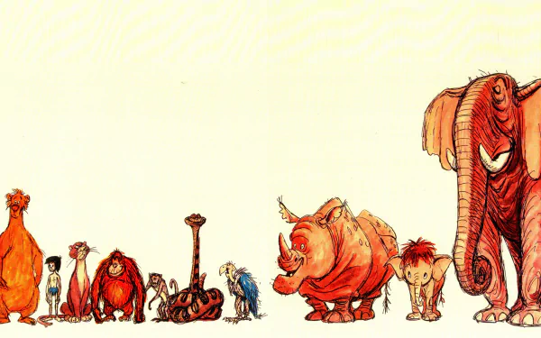 HD desktop wallpaper featuring characters from the 1967 movie The Jungle Book lined up against a light background.