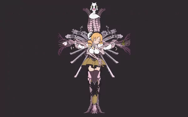 HD PC wallpaper: anime character Mami Tomoe (Puella Magi Madoka Magica) stands center with crossed arms, muskets fanned like wings and Kyuubey floating above on a dark background.