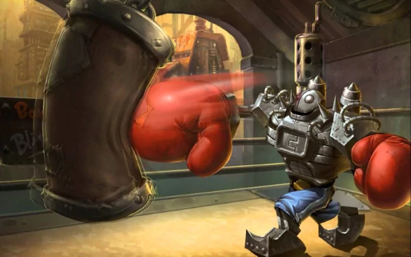 HD desktop wallpaper of Blitzcrank from League of Legends, depicted as a robot with large red boxing gloves punching a mechanical punch bag in an industrial setting.