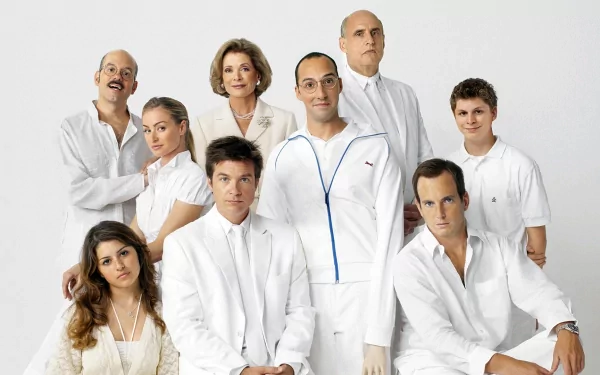 HD desktop wallpaper featuring the cast of Arrested Development dressed in white against a simple background.