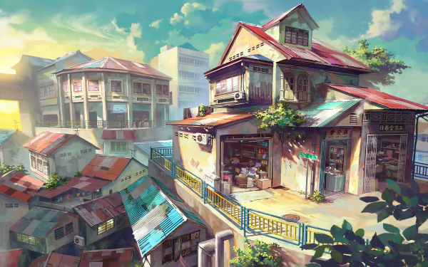 Anime-style illustration of a vibrant cityscape with traditional buildings, shops, and lush foliage, designed as a lo-fi HD desktop wallpaper.