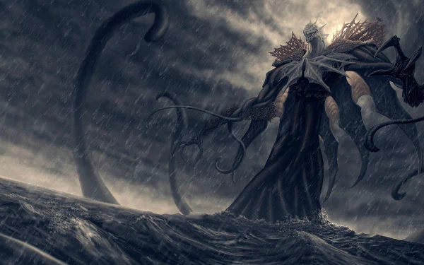 HD PC desktop wallpaper featuring a dark, ominous figure from the video game Rift, standing amid stormy waters under a turbulent sky.