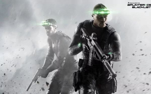 Sam Fisher in tactical gear with glowing green goggles, armed and ready in a smoky background from Tom Clancy's Splinter Cell: Blacklist, HD PC desktop wallpaper.