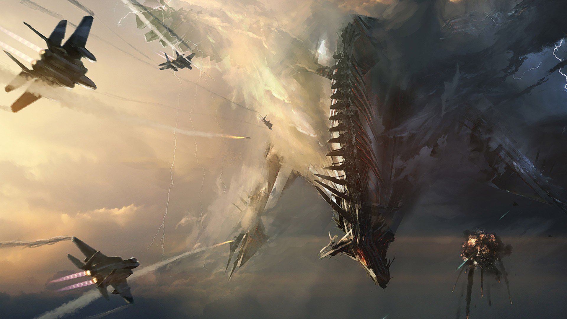 HD sci-fi desktop wallpaper featuring a dramatic space battle with futuristic spaceships and intense atmospheric effects.