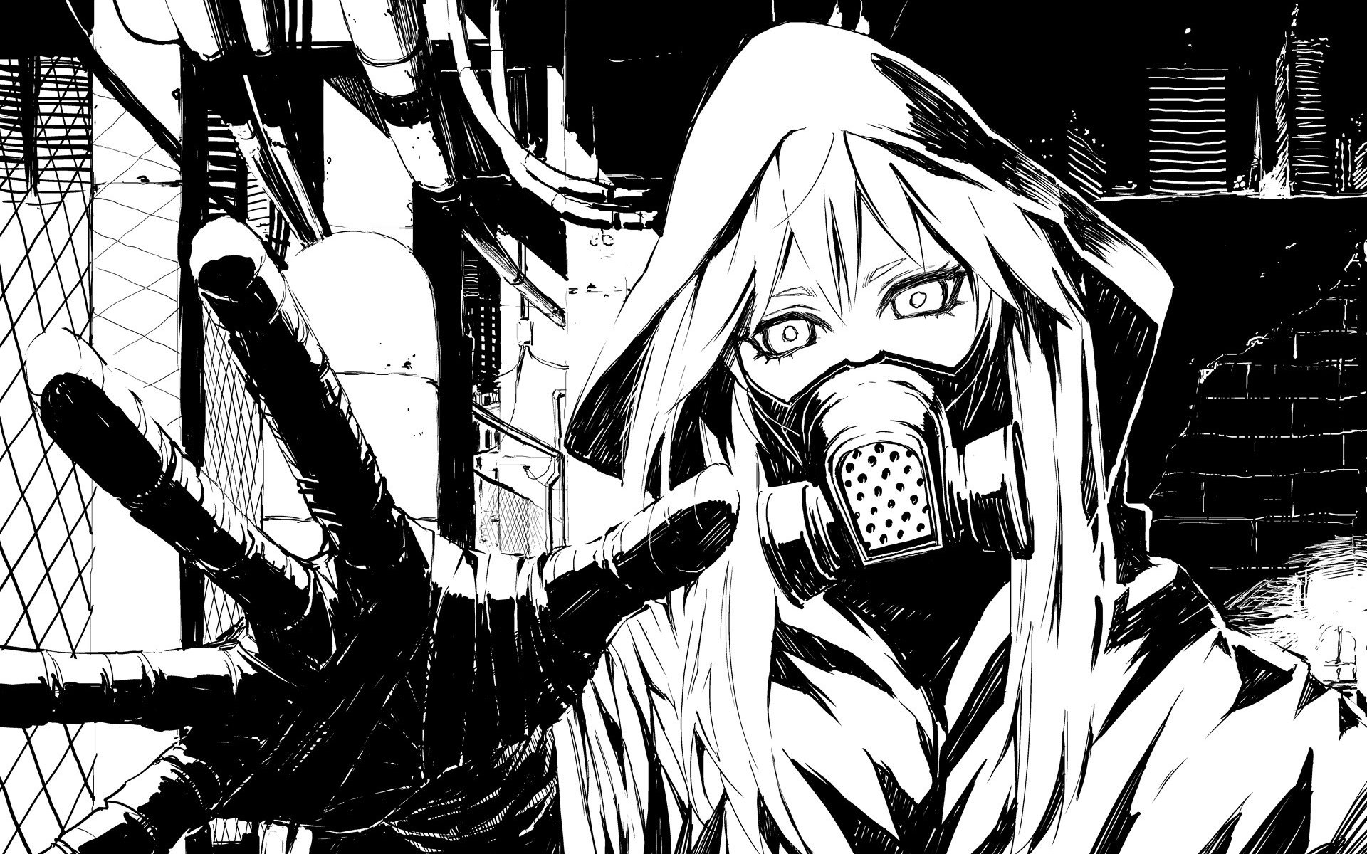 Black-and-white anime-style HD desktop wallpaper featuring GUMI (Vocaloid) wearing a hood and gas mask, reaching forward in a detailed urban background.