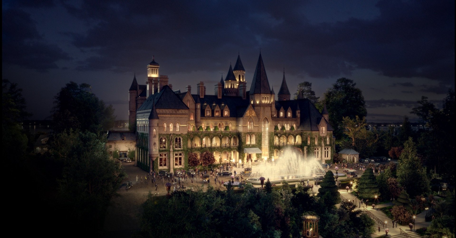HD wallpaper featuring a grand mansion at night inspired by The Great Gatsby, with lights and a festive atmosphere.