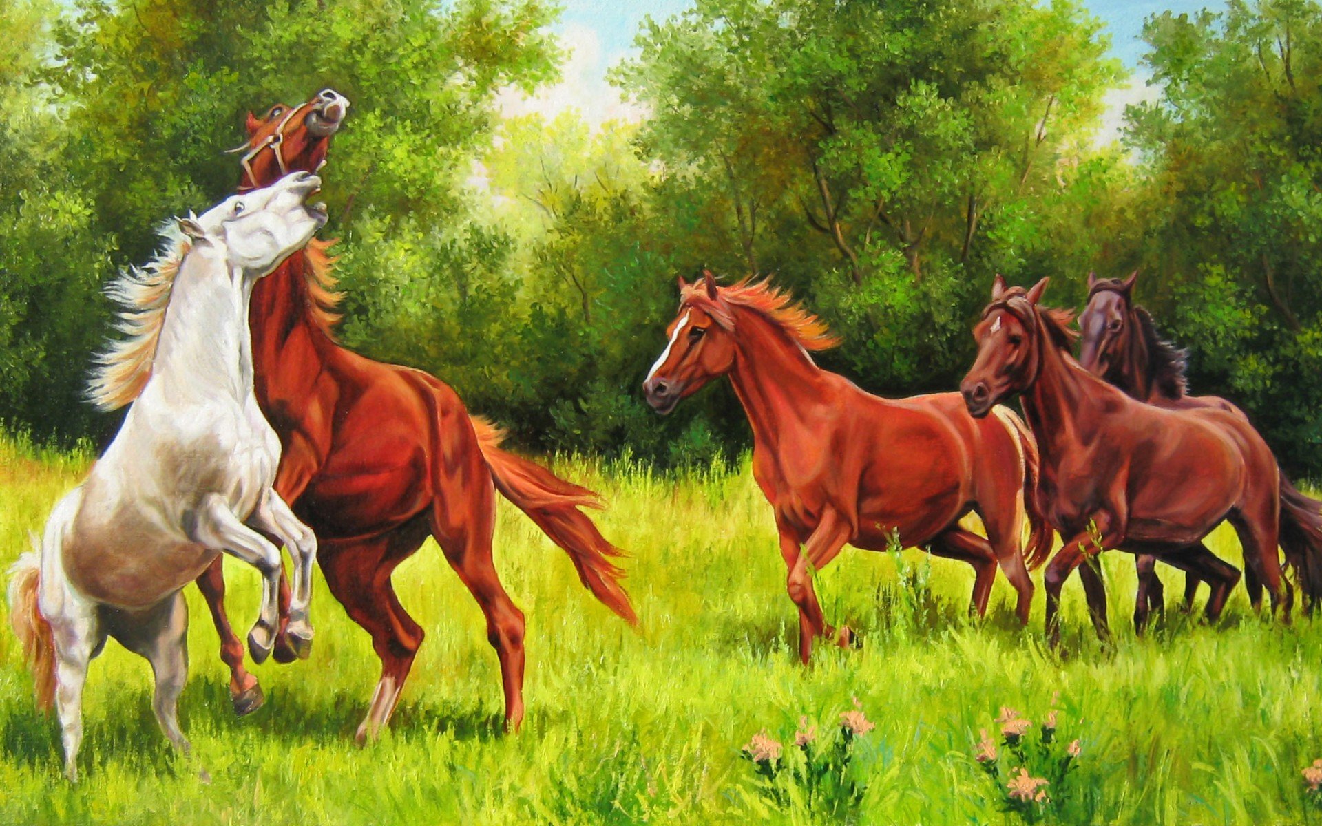 HD desktop wallpaper featuring a vibrant painting of four horses running in a lush green meadow, with a backdrop of dense trees.