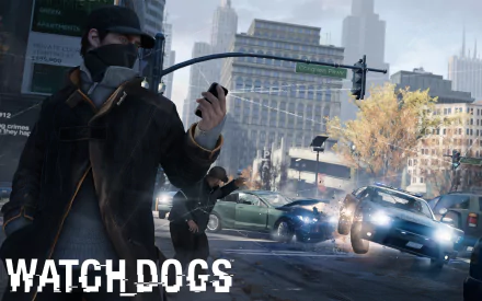 Aiden Pearce from the video game Watch Dogs stands in an urban scene, manipulating technology as chaos unfolds around him in this high-definition desktop wallpaper.