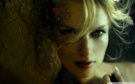 HD fantasy-themed PC desktop wallpaper featuring a close-up of a mysterious woman with flowing blonde hair and intense green eyes set against a dark background.
